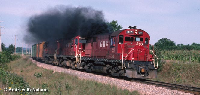 Train no. 1 west of Independence, 1992 GBW 316 smokes it up on the west end